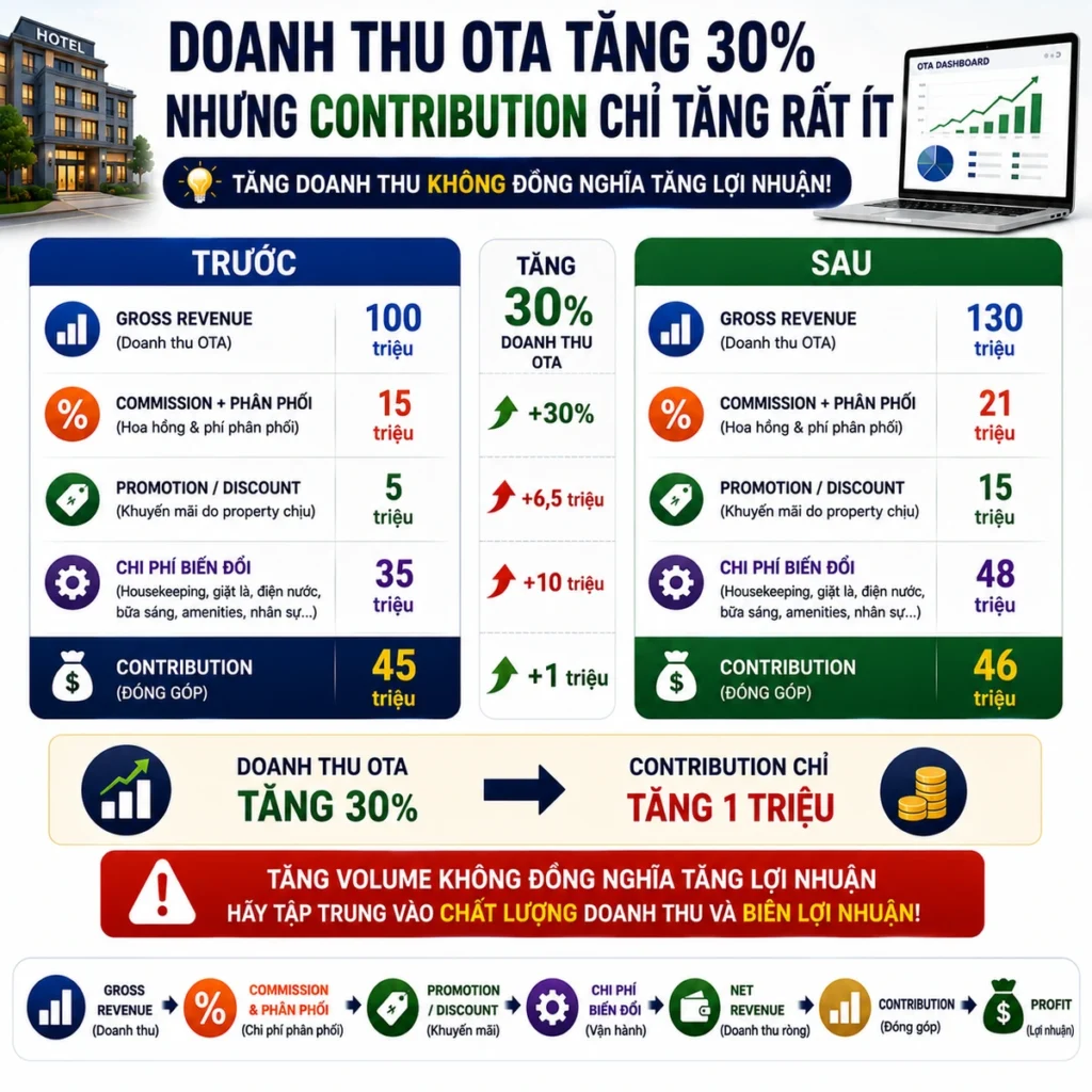 Doanh thu OTA tăng 30% nhưng Contribution chỉ tăng rất ít