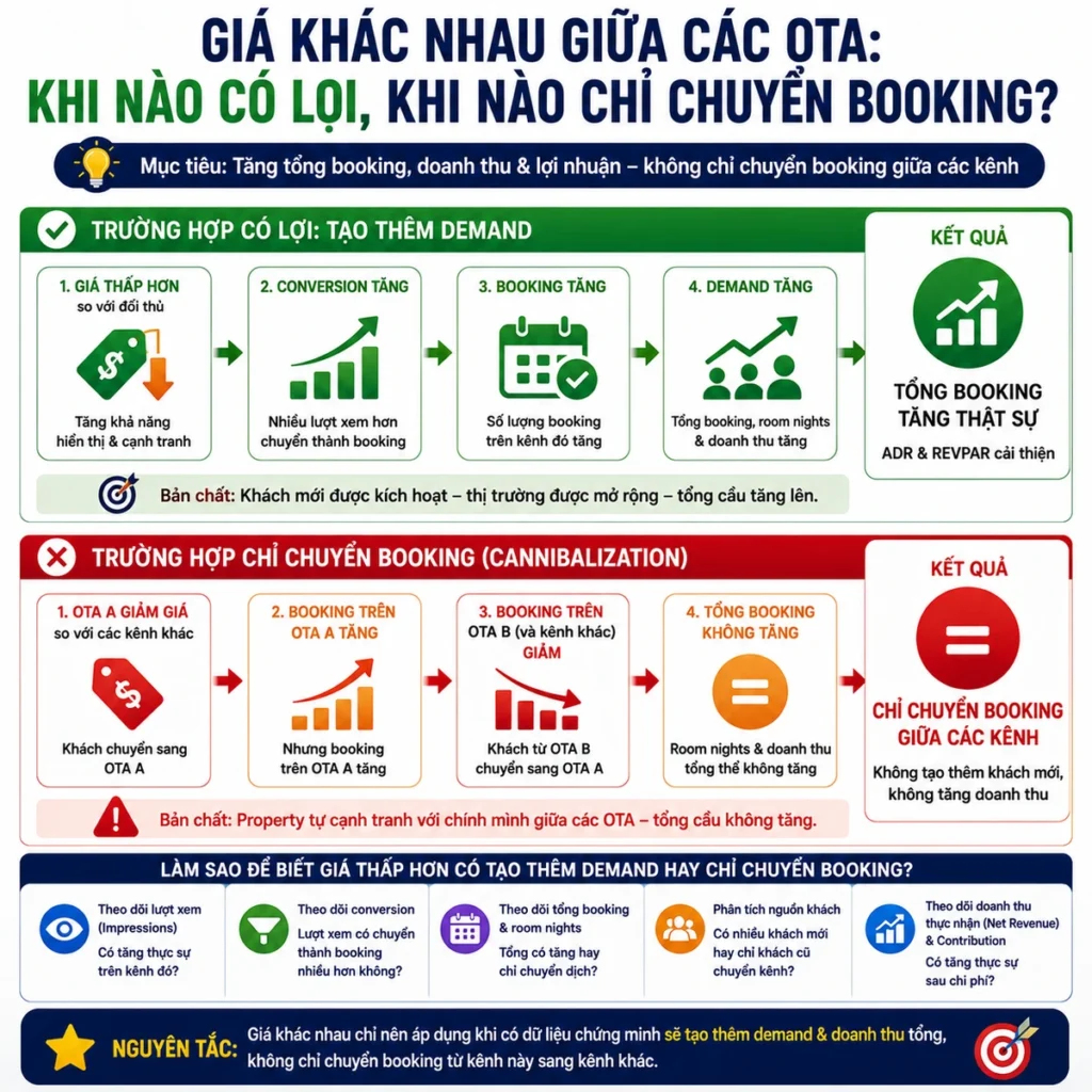 Giá khác nhau giữa các OTA  tạo thêm demand hay chỉ chuyển booking