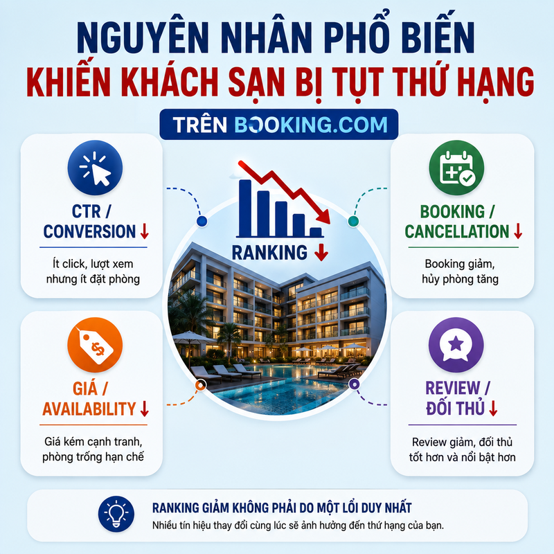Nguyên nhân phổ biến khiến khách sạn bị tụt thứ hạng trên Booking