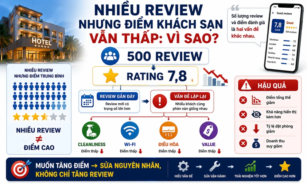 Nhiều review nhưng điểm khách sạn vẫn thấp