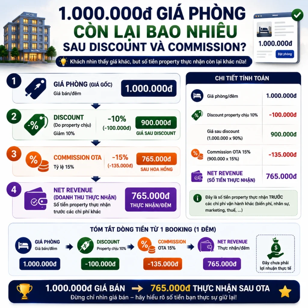 giá phòng còn lại bao nhiêu sau discount và commission